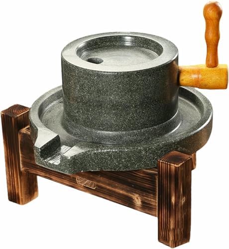 Handmade Stone Mill Grinder for Grain, 11.8in Vinta Home Wooden Stand, Ideal for Grinding Wheat, Rice, Almonds - Vintage Kitchen Tool