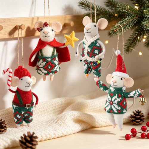 Watereem Set of 4 Christmas Felt Mouse Ornaments, 5" Mini Celebrating Mice