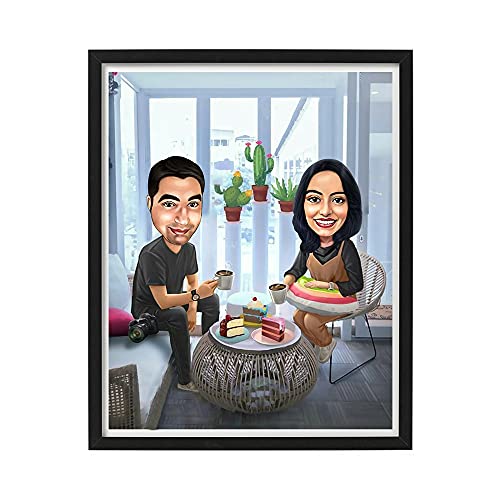 Image of DK Decors Personalized Caricature Photo Frame Custom Cartoon Portrait from Photo, Date Cafe Tea Gift for Couple, Husband & Wife (8x10 Inch)