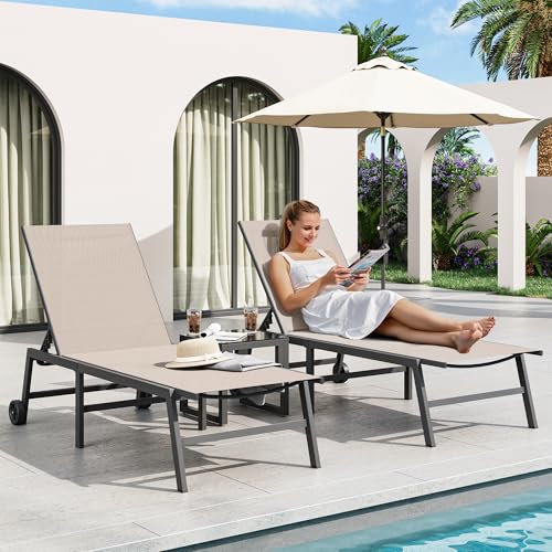 Image of Amopatio Patio Lounge Chairs with Wheels 2 Outdoor Chaise Lounges and 1 Side Table for Poolside Adjustable Lounge Chair with Heavy-Duty Steel Frame for Backyard Poolside,400 LBS Capacity, Khaki