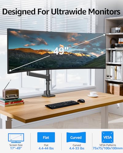 Image of MOUNTUP Heavy Duty Monitor Arm Fits 49 45 42 40 39 34 32 Inch Screens, Ultrawide Monitor Arm Holds 4.4-44 lbs, Monitors Stand for Samsung Odyssey G9 and More, Height Adjustable Mount, VESA Mount