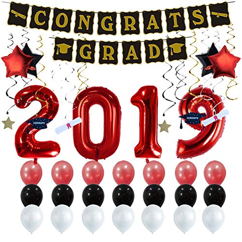Graduation Party Supplies 2019 Graduation Party Decorations Graduation Banner Congratulations Banner Hang Swirls and Black & Red 2019 Balloons