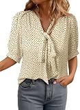 Dokotoo Womens Summer Tops Casual Bow Tie Neck Short Sleeve Button Down Shirts Elegant Business Work...