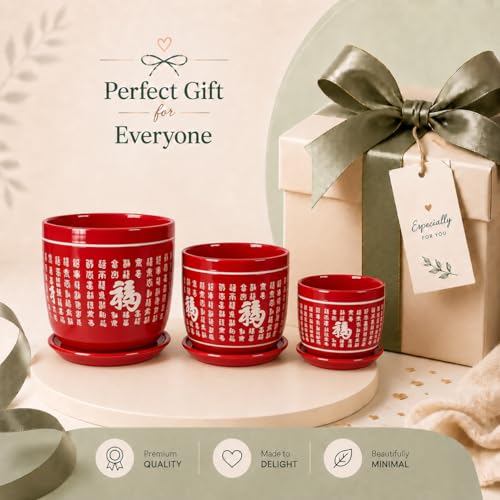 Image of Xtore Heritage Ceramic Planter Set with Drainage Trays | Oriental Pattern Plant Pots for Home, Balcony & Living Room Decor - (Set of 3, Red, Planter ONLY)