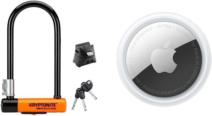 KryptoniteEvolution Standard Bike U-Lock, Heavy Duty Anti-Theft Bicycle U Lock, 14mm Shackle with Mounting Bracket and Keys, High Security Lock for Bicycles Scooters,Black & Apple AirTag