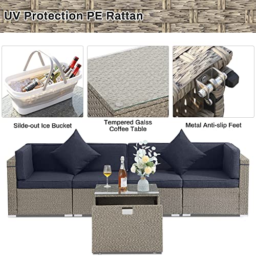 KIGOTY Outdoor Sectional Patio Furniture Set, 5 Pieces Patio Conversation Set with Ice Bucket Coffee Table & Cushions & Pillows, Deck All-Weather PE Rattan Sofa Set (Navy Blue) - Thumbnail 4