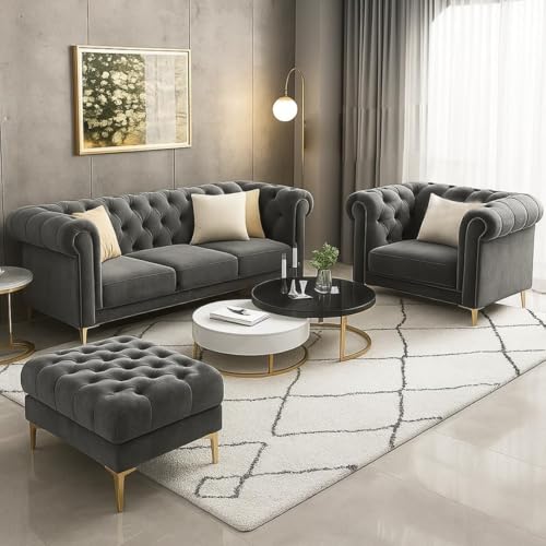 Image of Chesterfield Velvet Upholstery 3-Seater with Armchair and Footrest, Design in 3+1+Footrest Sofa for Living Room, Bedroom, Hallways (Dark Grey 2)