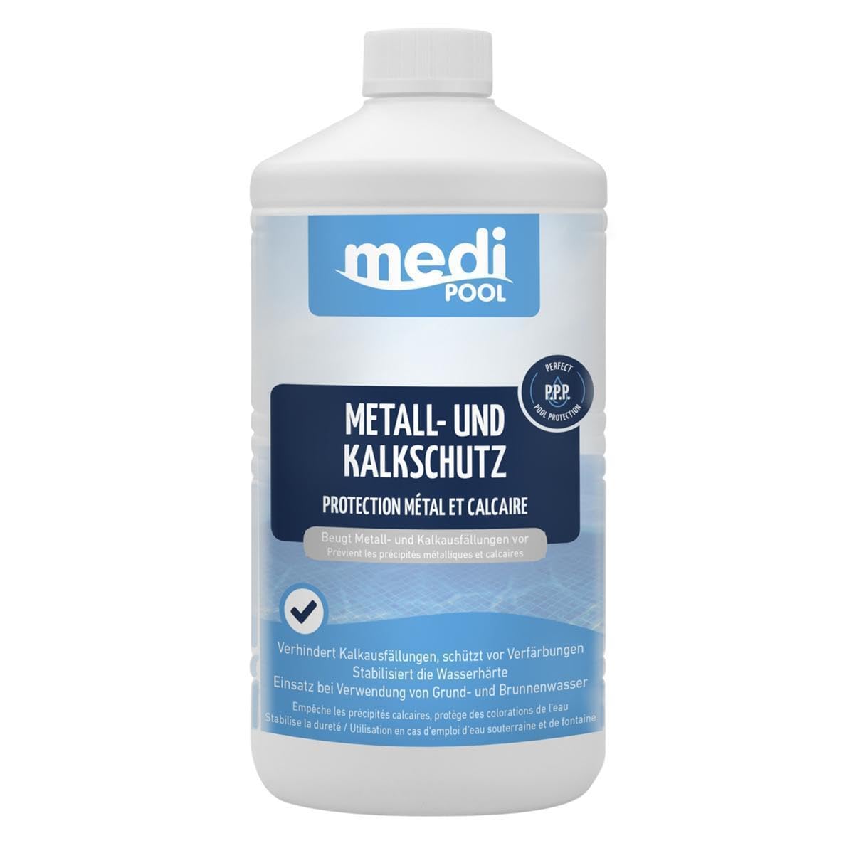 Medipool Metall- und Kalkschutz 3X 1 L, bei Verwendung von Grund- und Brunnenwasser, schützt den Pool und Leitungen, gegen Kalkausfällungen, Ablagerungen und Korrosionsschäden
