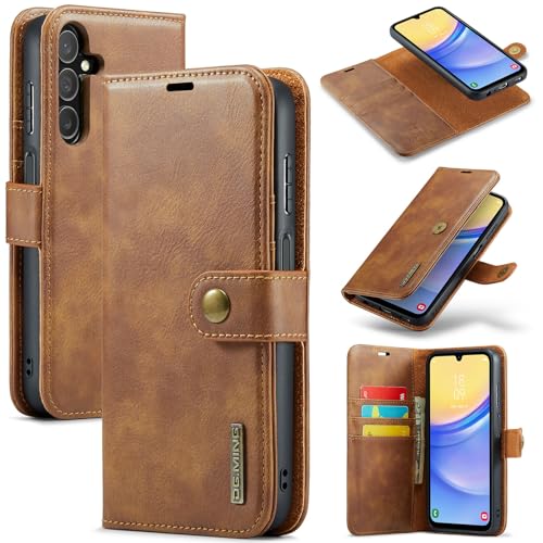 DG.MING 2-in-1 afneembare magnetische lederen portemonnee hoesje voor Samsung Galaxy A15, flip cover met 3 kaartsleuven, 1 verborgen geldsleuf, flipstandaard en schokbestendige telefoonhoes (bruin)