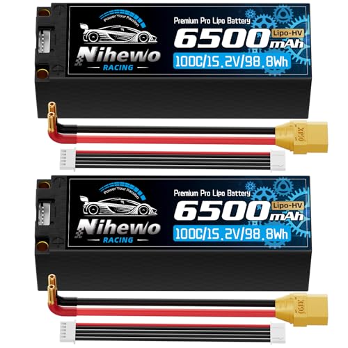 Nihewo Lot de 2 batteries Lipo 4S 15,2 V haute tension 6500 mAh 100 C Boîtier rigide avec banane de 5 mm + prise XT90 Compatible avec les voitures...