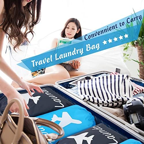 Shappy 4 PiecesTravel Laundry Bags, Travel Organizer Bag with Nylon Drawstring Machine Washable Dirty Clothes Blue Grey Mat Bags Accessories for Hamper Basket Camp Home College Dorm