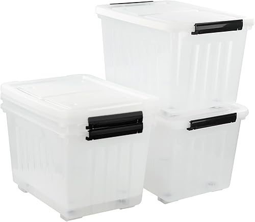 Miniatura 7 de Bringer Paquete de 4 cajas de almacenamiento de plástico transparente de 30 L, contenedor de almacenamiento grande con ruedas con tapa