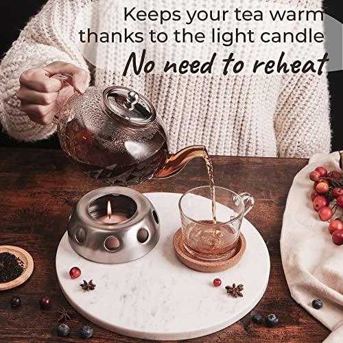 Pykal Glass Tea Pot With Removable Infuser - 40 Oz - Candle Warmer Stove Top Included - Glowing Diamond Teapot Also For Loose & Blooming Tea - Stovetop Compatible Kettle #TOP1
