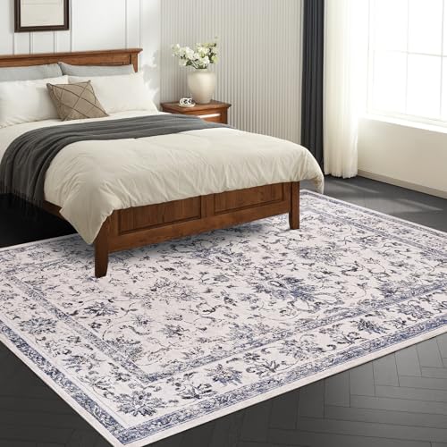 Image of Washable Rug 8x10 for Living Room - Navy Blue Stain Resistant Urtla Thin Area Rugs with Non Slip Rubber Backing - Indoor Floor Carpet for Dining Room Home Office Dorm, Blue /White