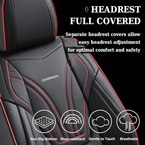 Image of Coverado Car Seat Covers Full Set, 5 Piece Car Seat Protector with Lumbar Support & Removable Headrest, Breathable Leather Front Rear Seat Cushion Universal Fit for Truck Automotive Black & Red