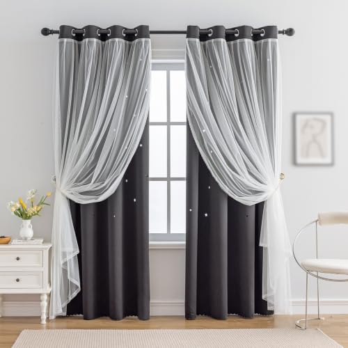 Image of indistar Star Cutout Kids Window Blackout Curtains for Girl Bedroom Window Room Darkening Curtains & Drapes Baby Nursery Curtains (2 Panel,52Wx80L inch,Black)