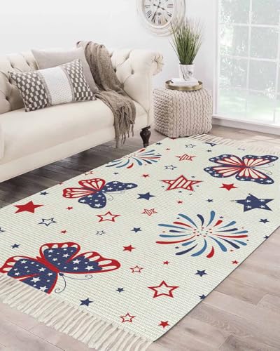 4th of July Area Rugs 4'x6',Butterfly Star Blue Red Fireworks