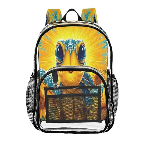 Turtle Sunflower Floral Clear Backpack Heavy Duty See Through Transparent PVC BookBag for Kids Boy Girl School Work