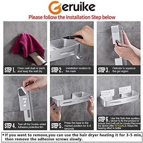 GERUIKE No Drilling Shower Caddy,Self Adhesive Bathroom Shelve,Wall Mounted Toilet Storage Rack,Corner Shower Basket,Rectangle Silver Aluminum Organiser for Bathroom,Kitchen,College Dorm