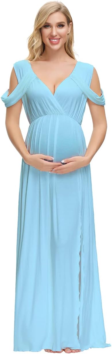 VSNOW Maternity Dress for Photoshoot Off Shoulder Drop Sleeve Photo Prop Dress Split Gown Maxi Photography Dresses