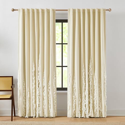 Lush Decor x Chuks Collins Verdant Path Velvet Blackout Window Curtain Panels Pair 50" W x 84" L Cream - Velvet Curtains 84 Inches Long - Drapes - Blackout Curtains for Bedroom
