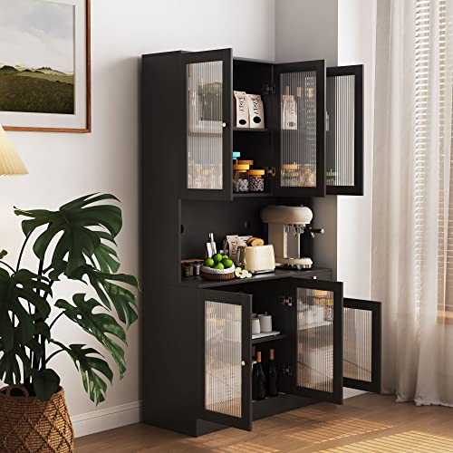 Nosga Kitchen Pantry Storage Cabinets, Kitchen Cabinet Bookcase With Striped Glass Door Tall Kitchen Buffet Storage Cabinet With 6 Cabinets And 1 Drawer Open Storage Shelf, Black #TOP5