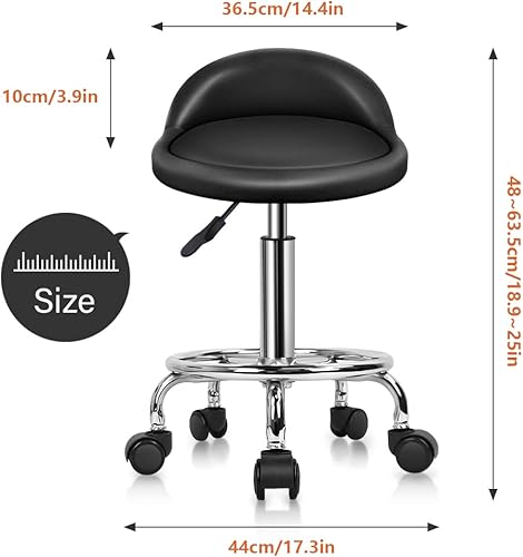 Vista 3 de KKTONER Taburete rodante redondo de cuero sintético con reposapiés, altura ajustable, giratoria, trabajo, spa, silla de tareas con ruedas (negro)