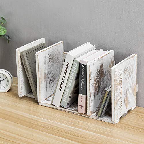 Mygift Rustic Expandable Whitewashed Wood Desktop Bookshelf/Adjustable Tabletop Book Holder Organizer Rack #TOP3