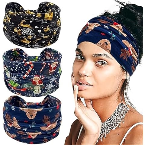 Doneace Christmas Twisted Headbands Snowflake Elk Elastic Turban Headband Stretch-Knotted Hair Wraps Hair Accessories For Christmas Party Women Girls 3Pcs Cover