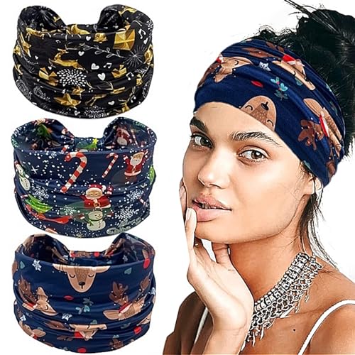 Doneace Christmas Twisted Headbands Snowflake Elk Elastic Turban Headband Stretch-Knotted Hair Wraps Hair Accessories For Christmas Party Women Girls 3Pcs