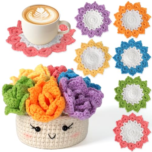 LOMOHOO Crochet Kit for Beginners, 6PCS Crochet Coasters Kit, Flower