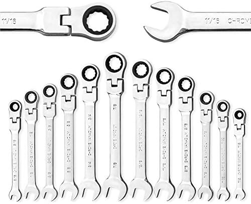 Yashong 12-Piece SAE Flex-Head Ratcheting Wrench Set, Professional Chrome Vanadium Steel Ratchet Wrenches, Combination Ended Standard Kit with Portable Suspended Canvas Bag
