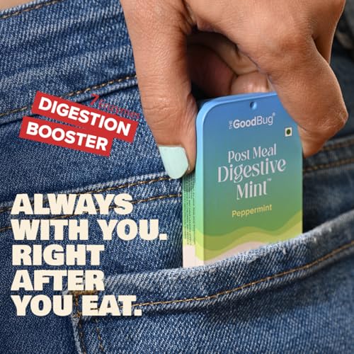 Image of The Good Bug Post Meal Digestive Mints - Peppermint | Post Meal Digestion Booster | 7 Digestive Enzymes | Helps Reduce Post-Meal Heaviness, Bloating, Acidity & Discomfort | No Added Sugar | 28 Mints (14 x 2 Packs) (Pack Of 2, Peppermint)