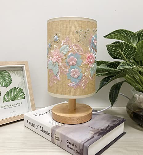 Afortlo Table Desk Lamp,Small 3D Embroidery Flower Art Deco Nightstand Night Light Solid Wood Base Creative Original Design Lamp For Bedroom,Living Room,End Table Or Office With Bulb(Floral) #TOP1