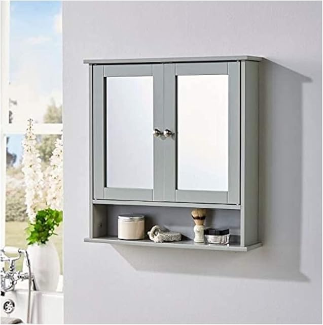 Saxony® Bathroom Slim Double Door Mirrored Cabinet Bathroom cupboard Wall Mounted wooden Modern Storage Unit with Internal Shelf & a Display Shelf Grey