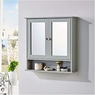 Saxony® Bathroom Slim Double Door Mirrored Cabinet Bathroom cupboard Wall Mounted wooden Modern Storage Unit with Internal Shelf & a Display Shelf Grey