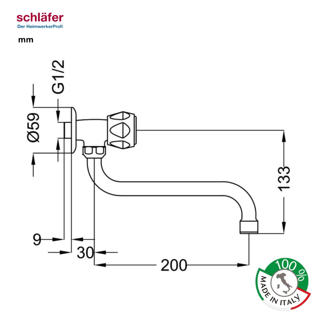 Schläfer 3431210 | Robinet mural simple pour salle de bain et cuisine Robinet pour évier, Robinet mural 1/2 eau froide pour évier, bec pivotant en S x 200 mm, Chrome