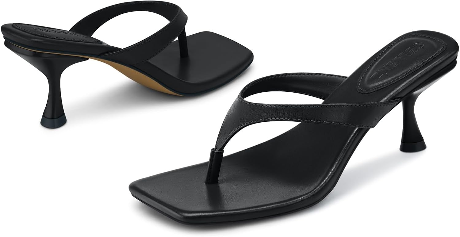 CELLENZ Women Kitten Heels Sandals: 2.5 Inch Heeled Flip Flop | 2026 Fashion Heel Sandals, Square Toe Thong Sandal for Daily Wear & Dressy Casual