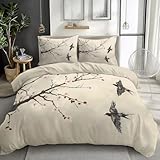 Funda Nórdica para Cama 90 Patrón Estilo Oriental Flor de Ciruelo Pintura con Tinta, Beige