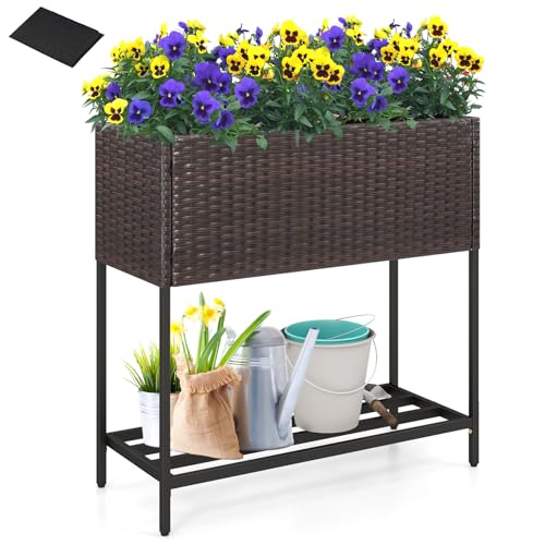 GIANTEX Raised Garden Bed with Legs, 28" x12" Rattan Elevated Planter Box w/Storage Shelf, Removable Liner, Drainage Gaps for Vegetables, Flowers & Herbs, Outdoor Planting Stand for Backyard, Patio