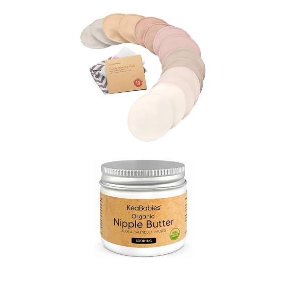 KeaBabies Reusable Nursing Pads and Nipple Butter for Cracked, Sore, Relief - 14 Washable Nursing Pads + Wash Bag, Breast Covers - 2oz Nipple Cream Safe for Breastfeeding Moms