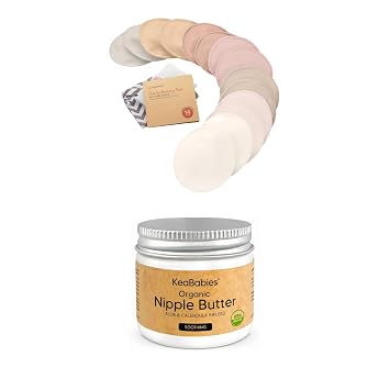 KeaBabies Reusable Nursing Pads and Nipple Butter for Cracked, Sore, Relief - 14 Washable Nursing Pads + Wash Bag, Breast Covers - 2oz Nipple Cream Safe for Breastfeeding Moms
