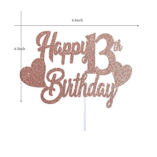 Image of Festiko13th Happy Birthday Heart Double Rose Gold Glitter Cake Topper for 13th Girl Birthday, 13th Birthday Party