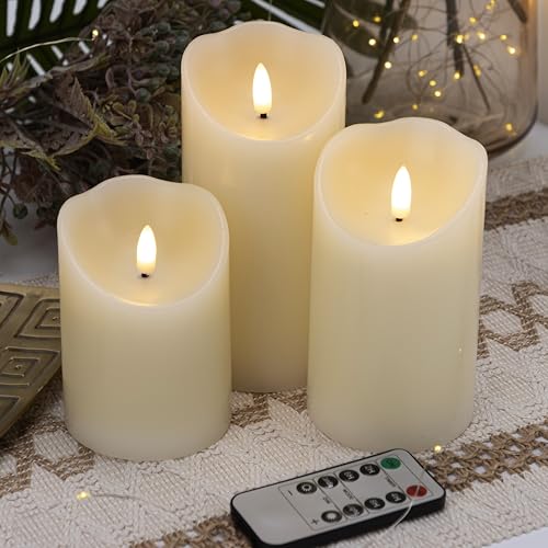 Image of LUSHARBOR Flameless Candles with Remote, Battery Operated Real Wax LED Flickering Candles with Timer, Fake Electric Candles for Christmas Party Room Home Decor, Set of 3 (Ivory)