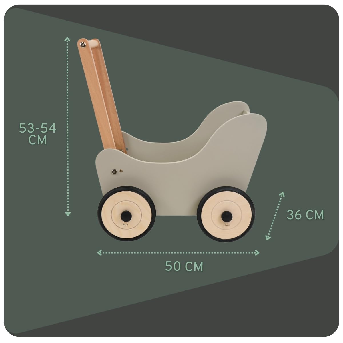 Bandits & Angels Puppenwagen Little Angel ab 1 Jahr - Puppenwagen aus Holz - Für Mädchen - Für Puppen bis 42 cm - Gummiräder (Olive Green)