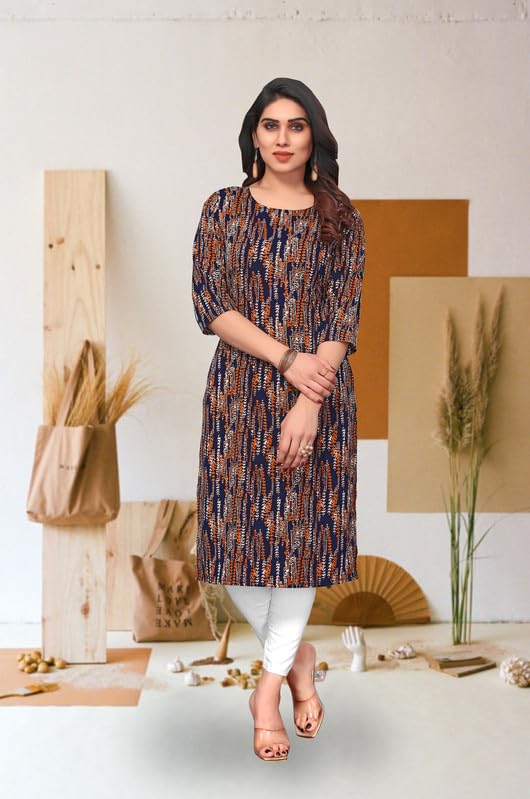 Image of JAKHANA Women's Crepe Printed Casual Straight Calf Length Round Nick Kurta Pack of 4