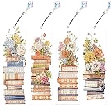 Focart 4 Pack Book and Flower Diamond Painting Bookmark Kits, Special Shaped Diamond Art Bookmarks with Pendant, DIY Handmade Crafts Home Office Supplies Reading Bookmark for Book Lovers