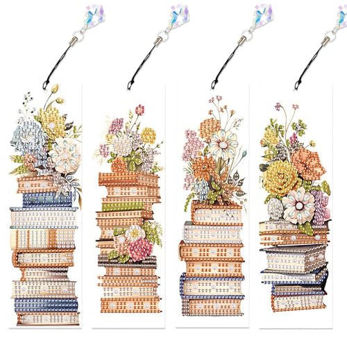 Focart 4 Pack Book and Flower Diamond Painting Bookmark Kits Special Shaped Diamond Art Bookmarks with Pendant DIY Handmade Crafts Home Office Supplies Reading Bookmark for Book Lovers