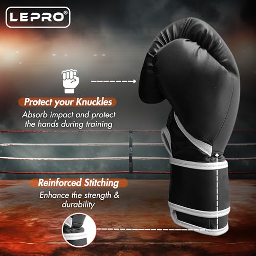 Image of LEPRO Boxing Gloves, PU Leather Boxing Gloves for Men & Women for Training and Match Boxing Gloves for Karate Muay Thai Kick Taekwondo Training (10oz, Black)