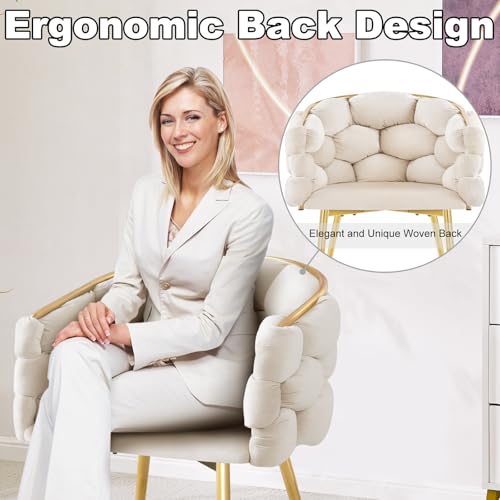 Lestarain Sessel Wohnzimmer, Armlehnensessel mit geflochtener Rückenlehne, Loungesessel Relaxsessel Lesesessel Einzelsofa, Polstersessel mit Samtbezug Metallbeinen, Beige, LUNI1018